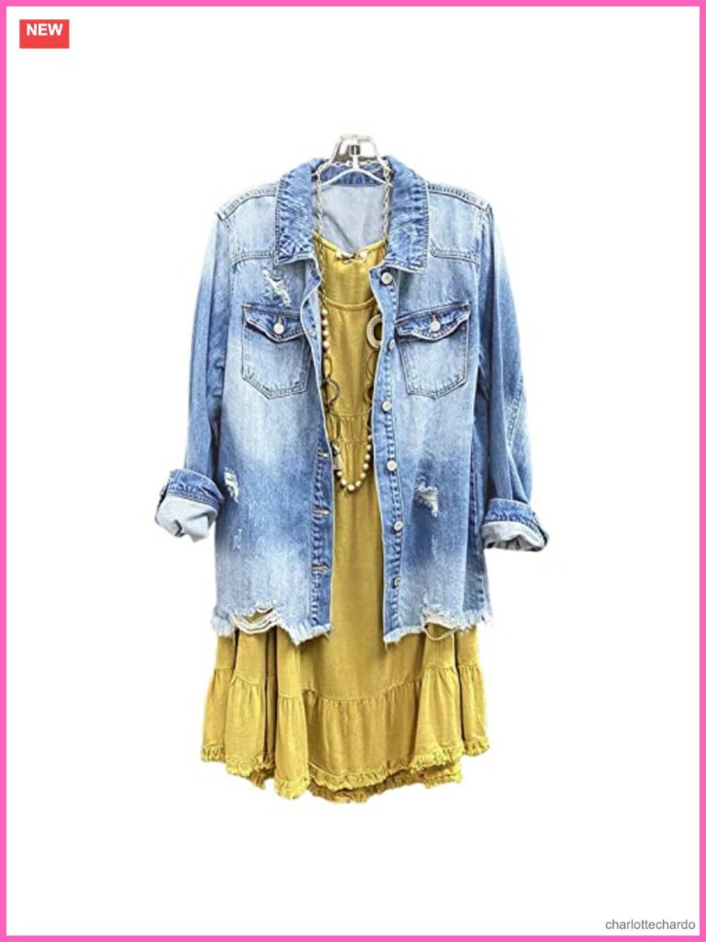 Distressed Denim Shirt Jacket Long Sleeve Button Shacket Coat Frayed Hem